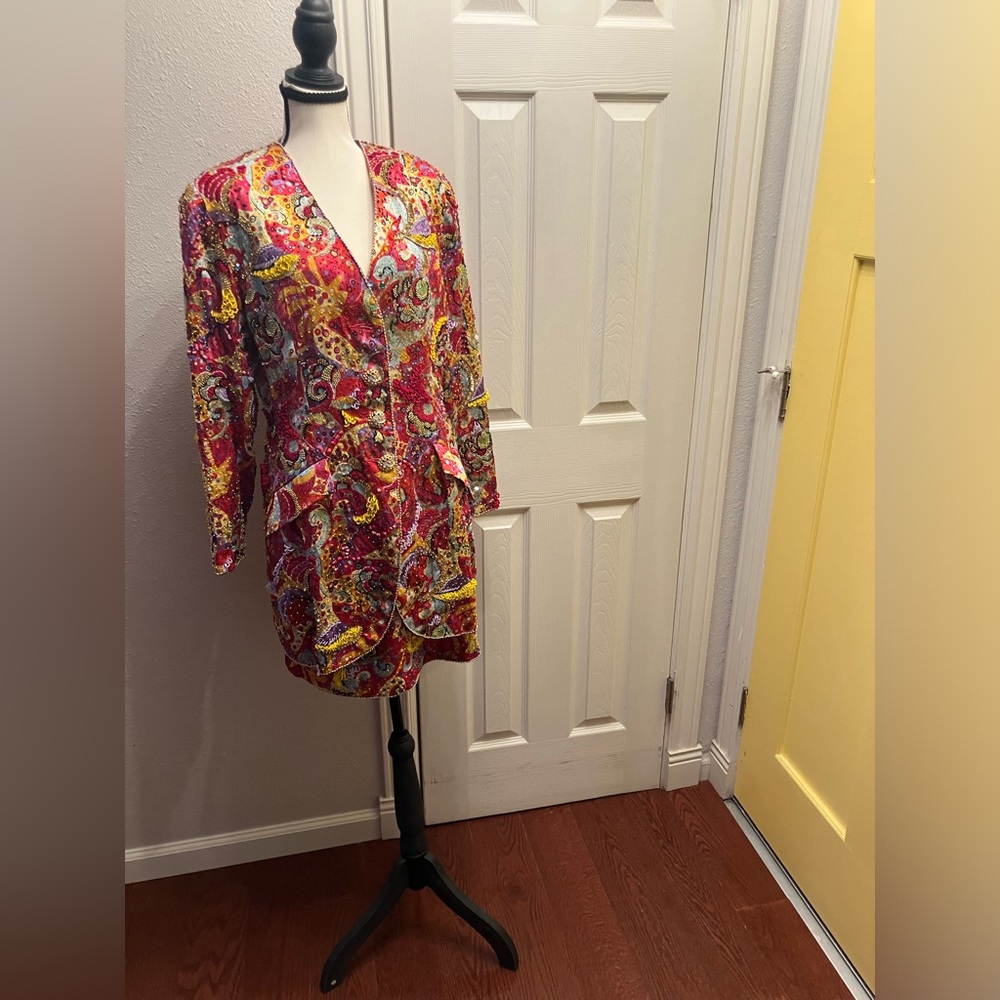 VTG 1990s Couture Henri Bendel x Christyne Forti Heavily Beaded Jacket Skirt Set